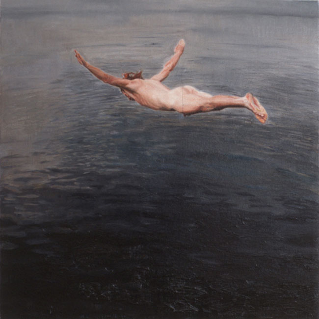 Painting of diver with arms outstreched.