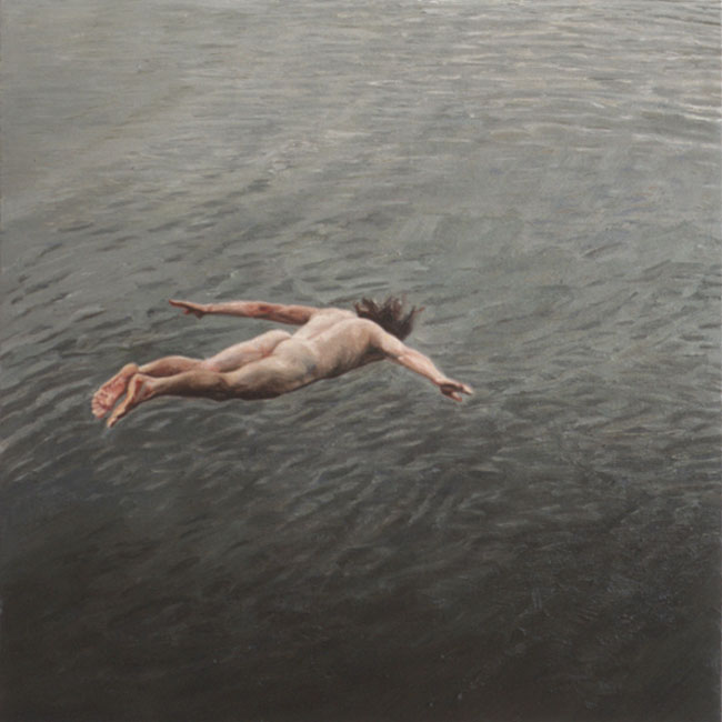 Painting of naked diver in mid-air.