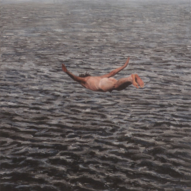 Painting of diver above rough water.