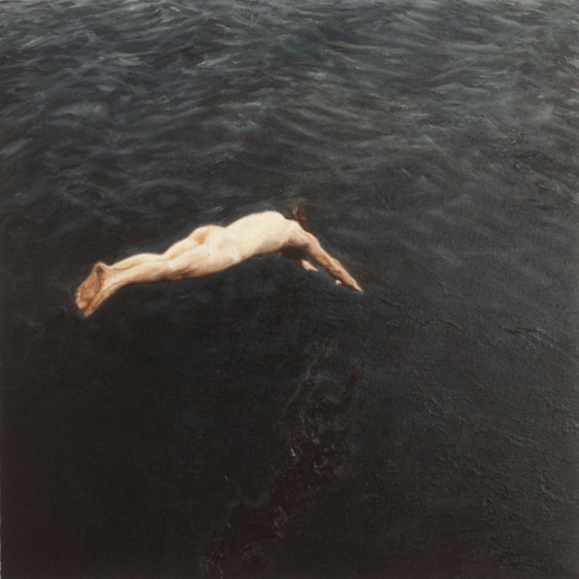 Painting of man diving naked into lake.