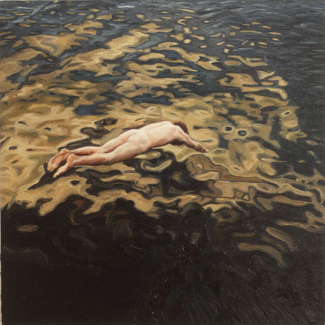 Painting of diver with reflection in lake.