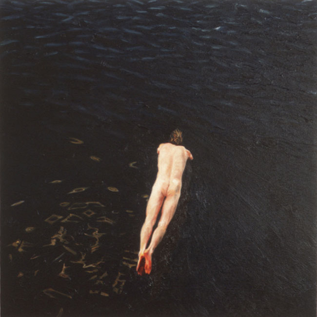 Painting of diver above indigo water.