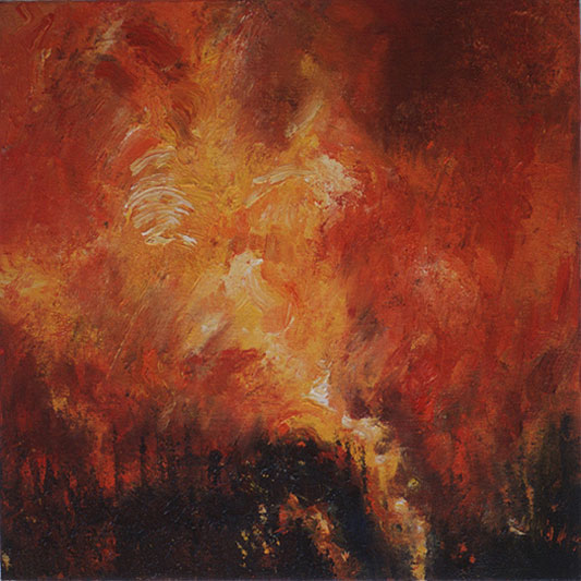 Painting of forest burning.