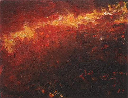 Painting of fire sweeping across forest.
