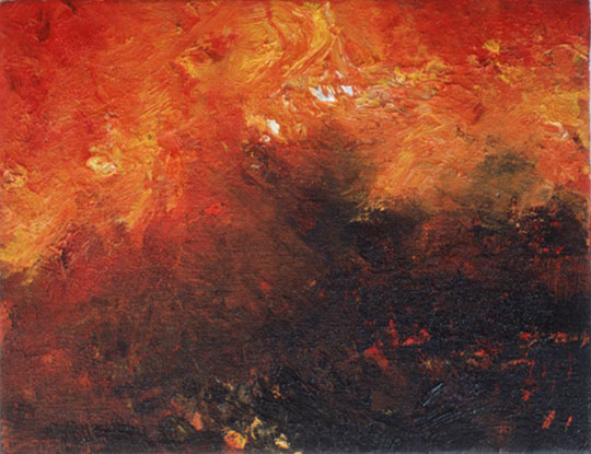 Painting of raging forest fire.