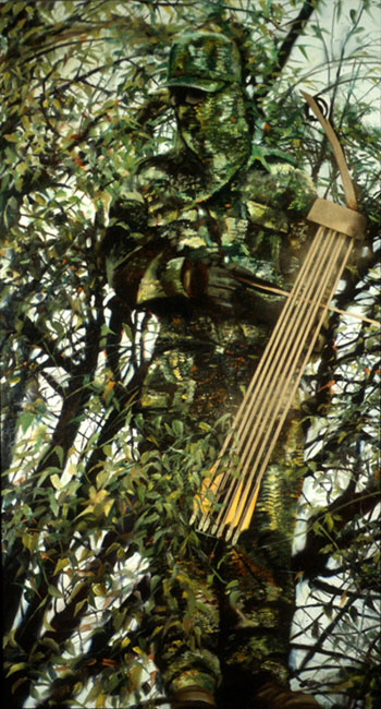 Painting of hunter in green camouflage.