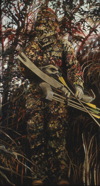 Painting of hunter in brown camouflage.