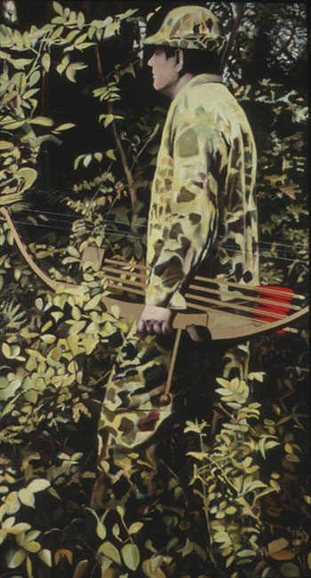 Painting of hunter with orange vest.