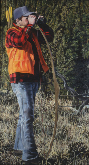 Painting of hunter in camouflage with bow.