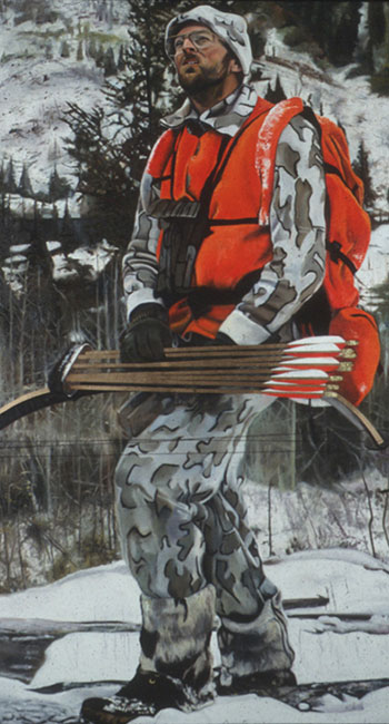 Painting of hunter with binoculars.