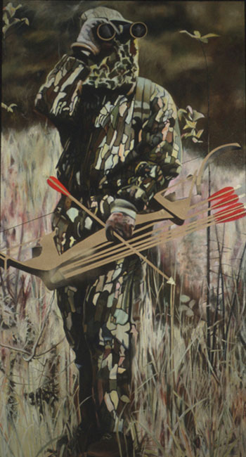 Painting of hunter pointing at something beyond the canvas.
