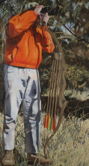 Painting of hunter in orange jacket with longbow.