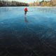 Painting of skater with hockey stick on glassy pond.