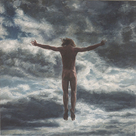 Painting of a naked man jumping into the sky.