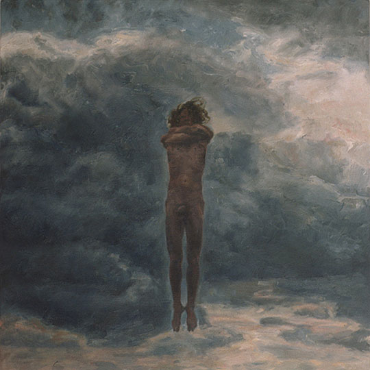 Painting of a naked man jumping.