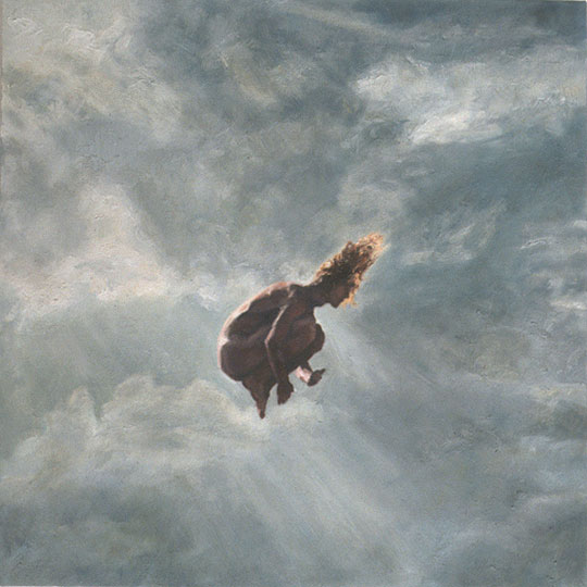 Painting of a naked man jumping into the sky.