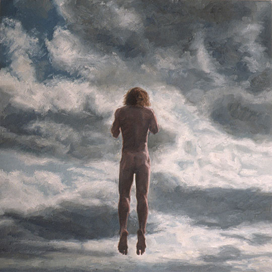 Painting of a naked man jumping.