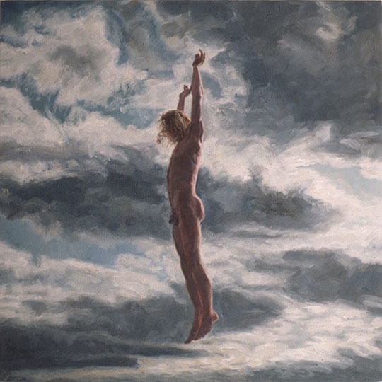 Painting of a naked man jumping into the sky.