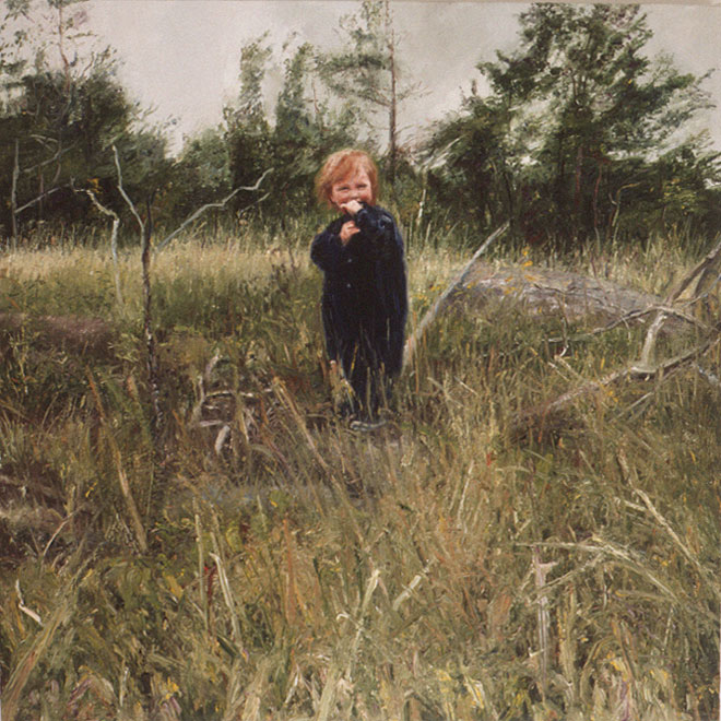 Painting of child in landscape.