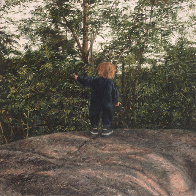 Painting of child in landscape.