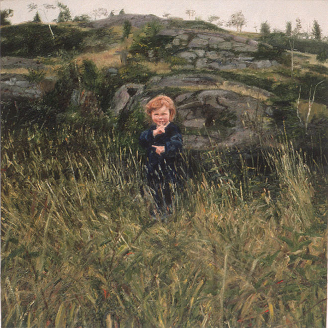Painting of child in landscape.