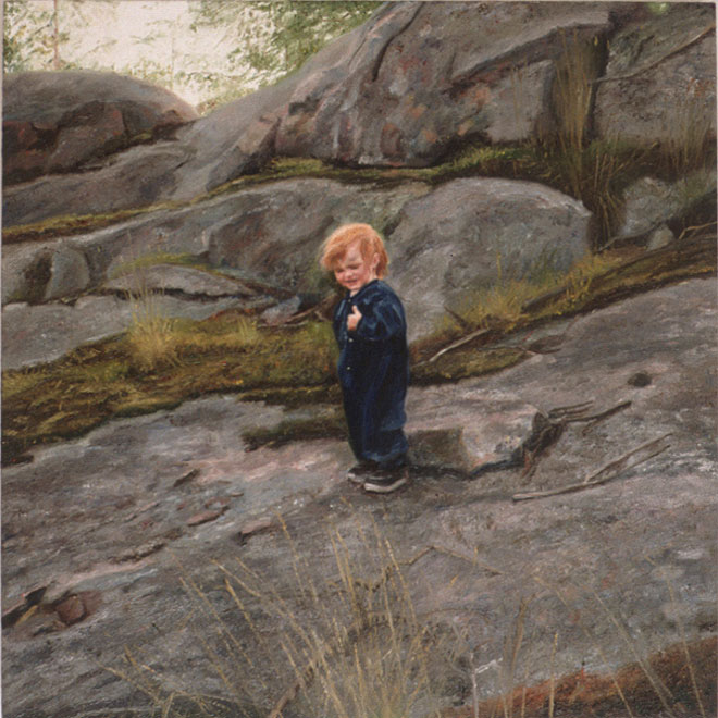 Painting of child in landscape.