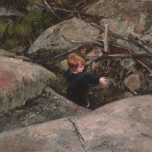 Painting of child in landscape.