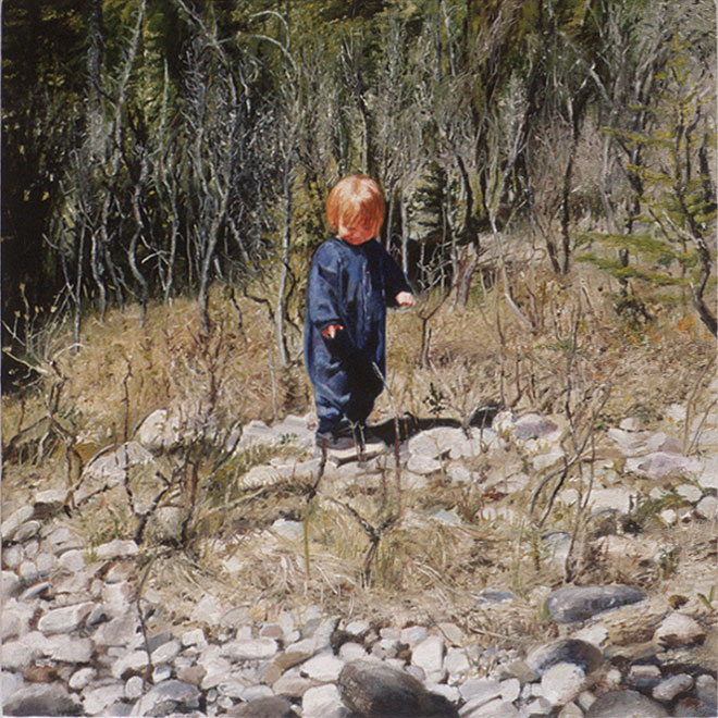 Painting of child in landscape.