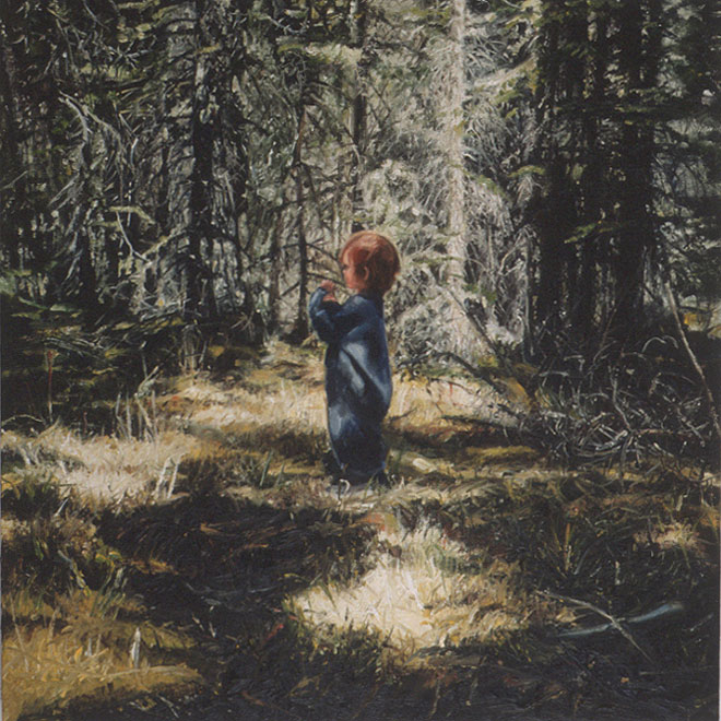 Painting of child in landscape.