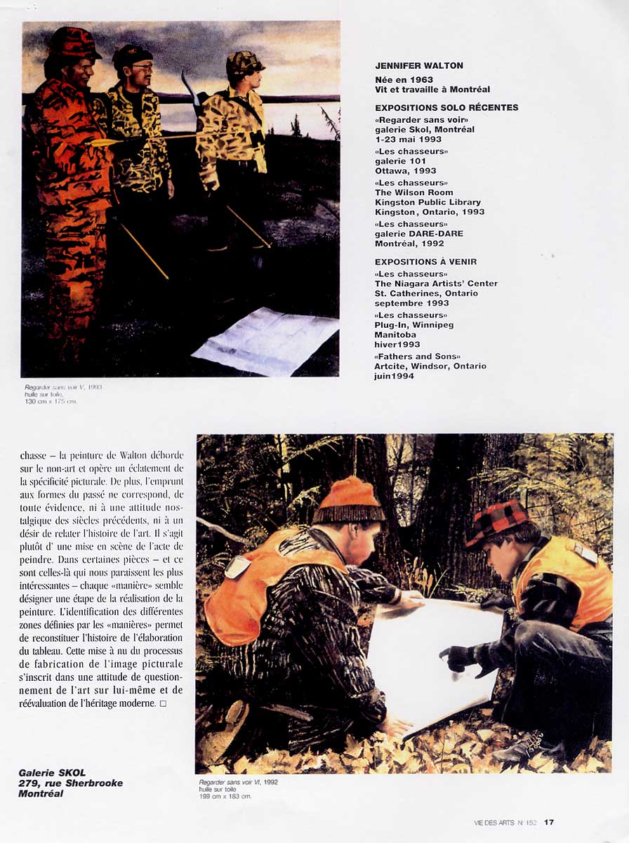 Vie des Arts, Anne Benichou article about Jennifer Walton's Hunters.