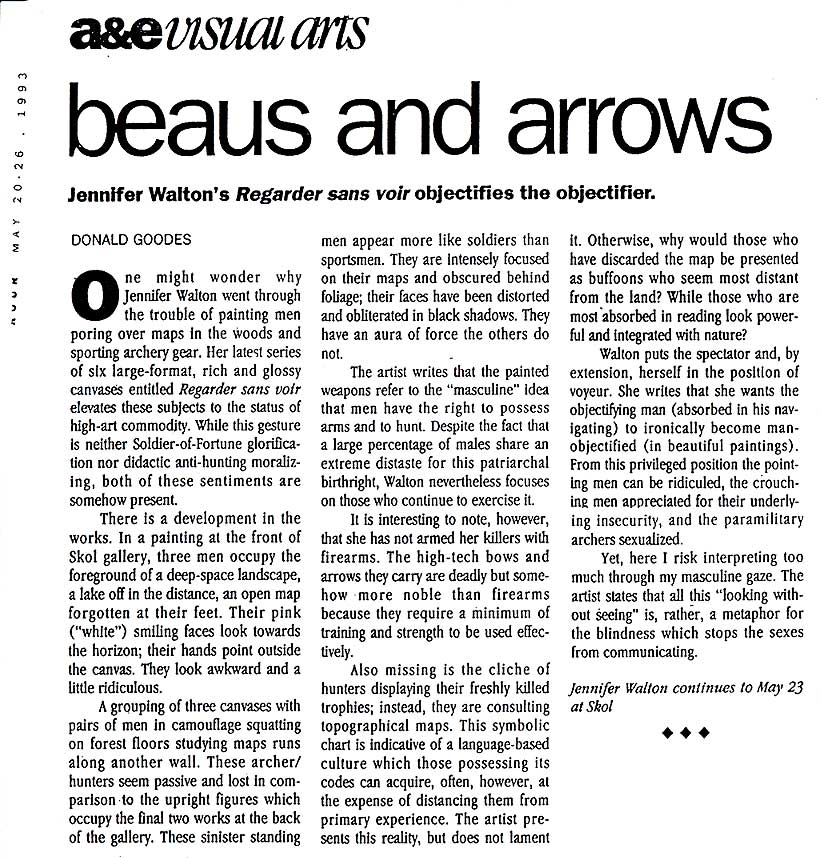 The Hour (Montreal) review of Jennifer Walton's Hunters by Donald Goodes.