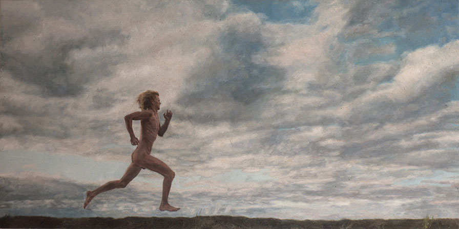 Painting of naked man running on ridge.