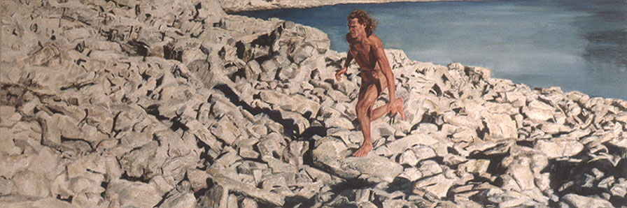 Painting of naked man running over rocks.