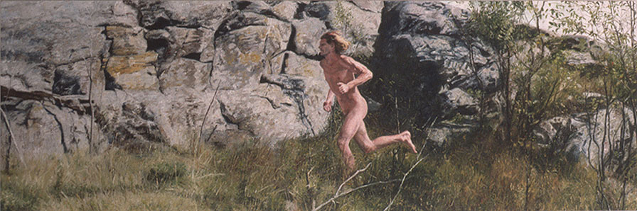 Painting of a nude man running through long grass.