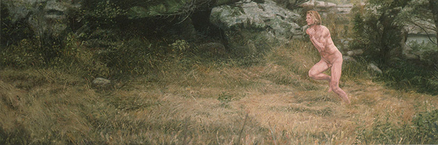 Painting of nude man running through long grass.
