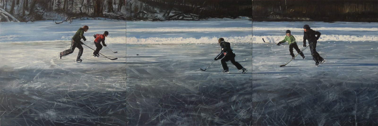 Painting of pond hockey on Grenadier Pond, Toronto.