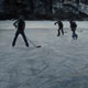 Painting of shinny hockey on Grenadier Pond, Toronto.