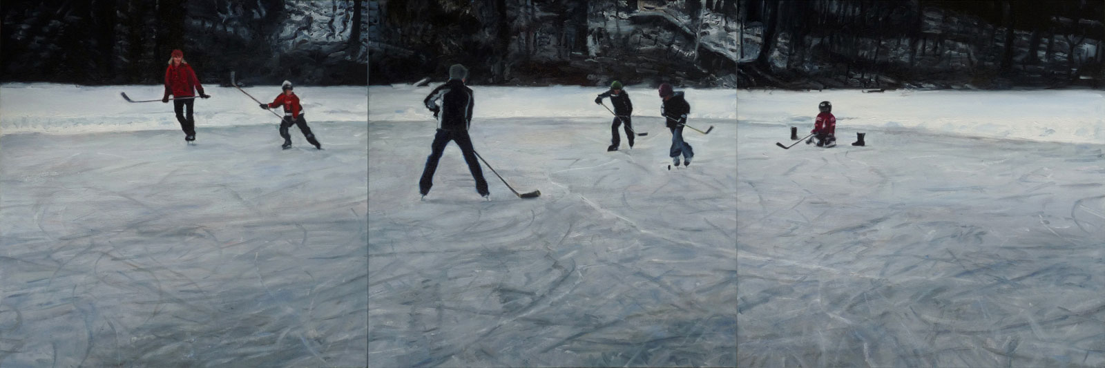 Painting of shinny hockey on Grenadier Pond, Toronto.
