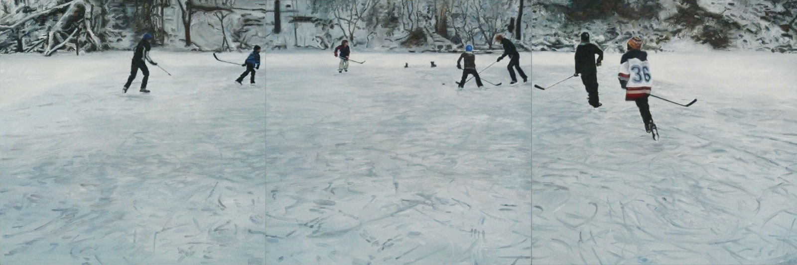 Painting of shinny hockey game.