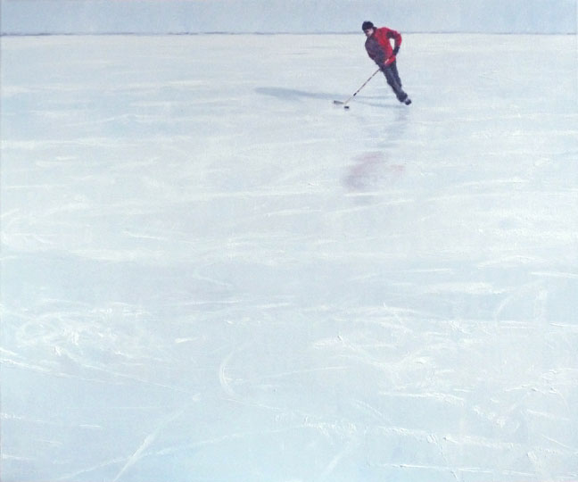Painting of ice skating on a frozen lake.