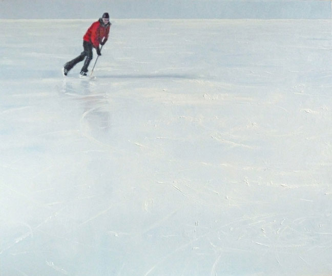 Skater on frozen lake. A winter landscape painting.