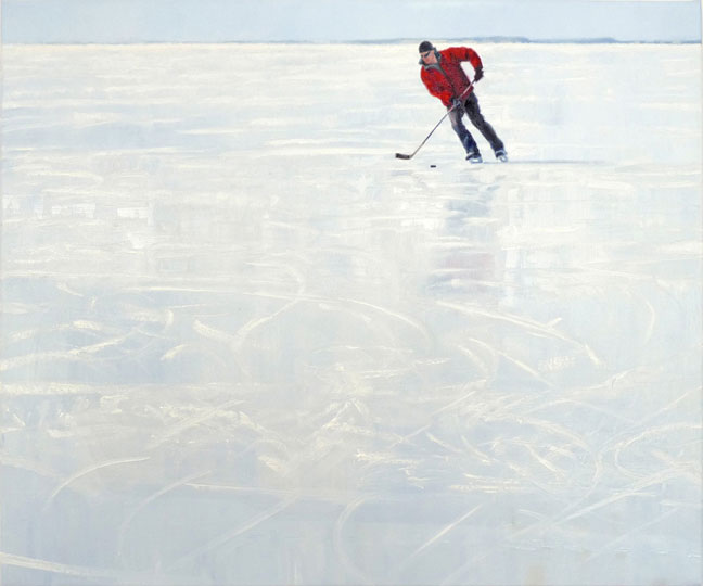 Painting of skater in winter landscape.