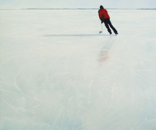 Painting of ice skating on a frozen lake.