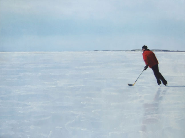 Painting of ice skater on frozen lake.