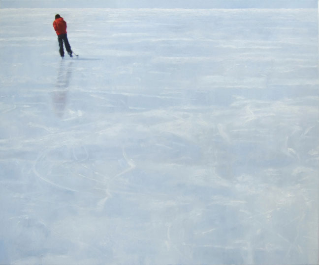 Painting of skater on white ice.