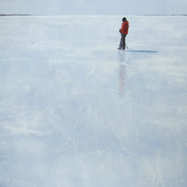 Painting of ice skater with hockey stick.