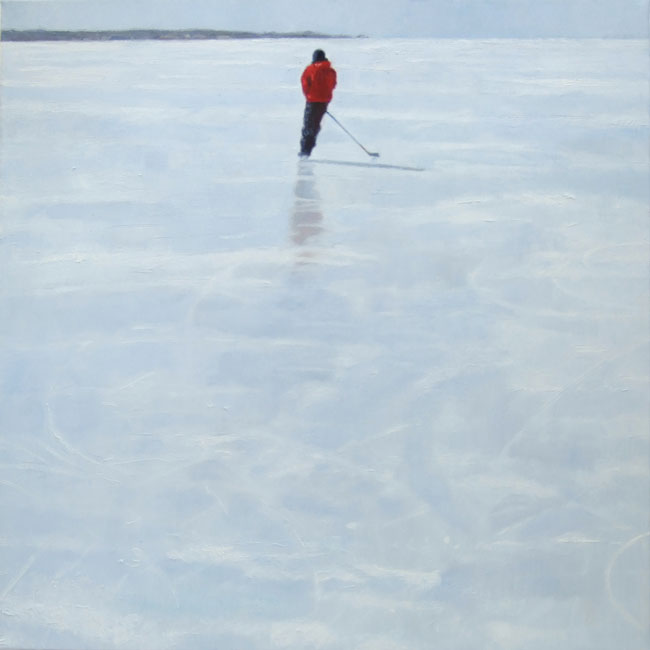 Painting of ice skater on lake.