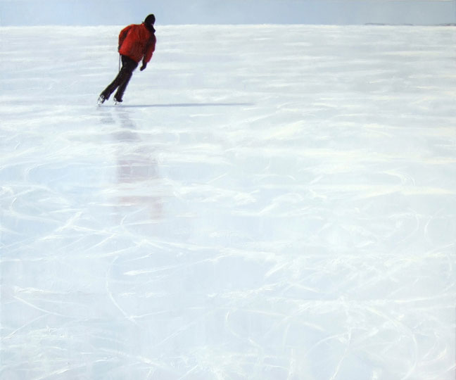 Painting of skater on vast expanse of white ice.