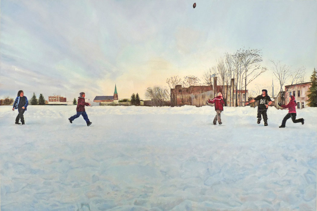 Painting of football game in snow.