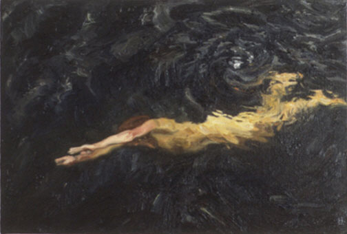 Painting of swimmer below surface of water.